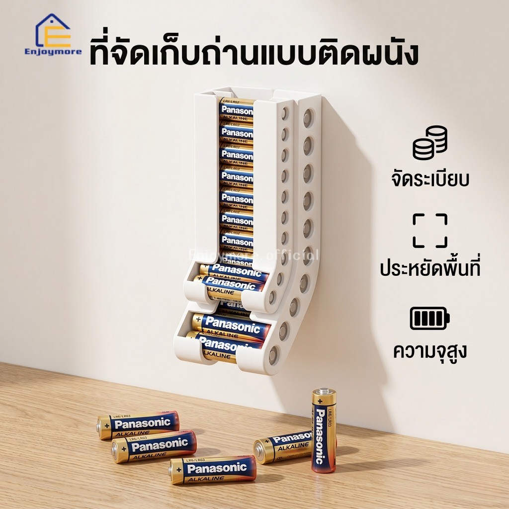 Enjoymore กล่องเก็บถ่านติดผนัง กล่องใส่ถ่าน AA และ AAA ไม่ต้องเจาะผนัง แข็งแรงทนทาน จุได้ 20 ก้อน