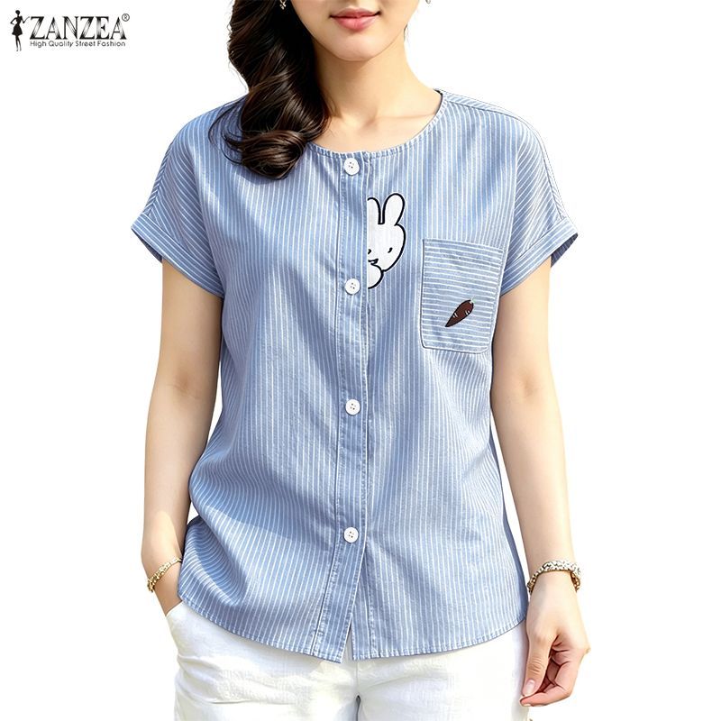 ZANZEA ผู้หญิงเกาหลีฤดูร้อนสบายๆลูกเรือคอ Raglan แขนกระต่ายพิมพ์ปุ่มขึ้นเสื้อลาย