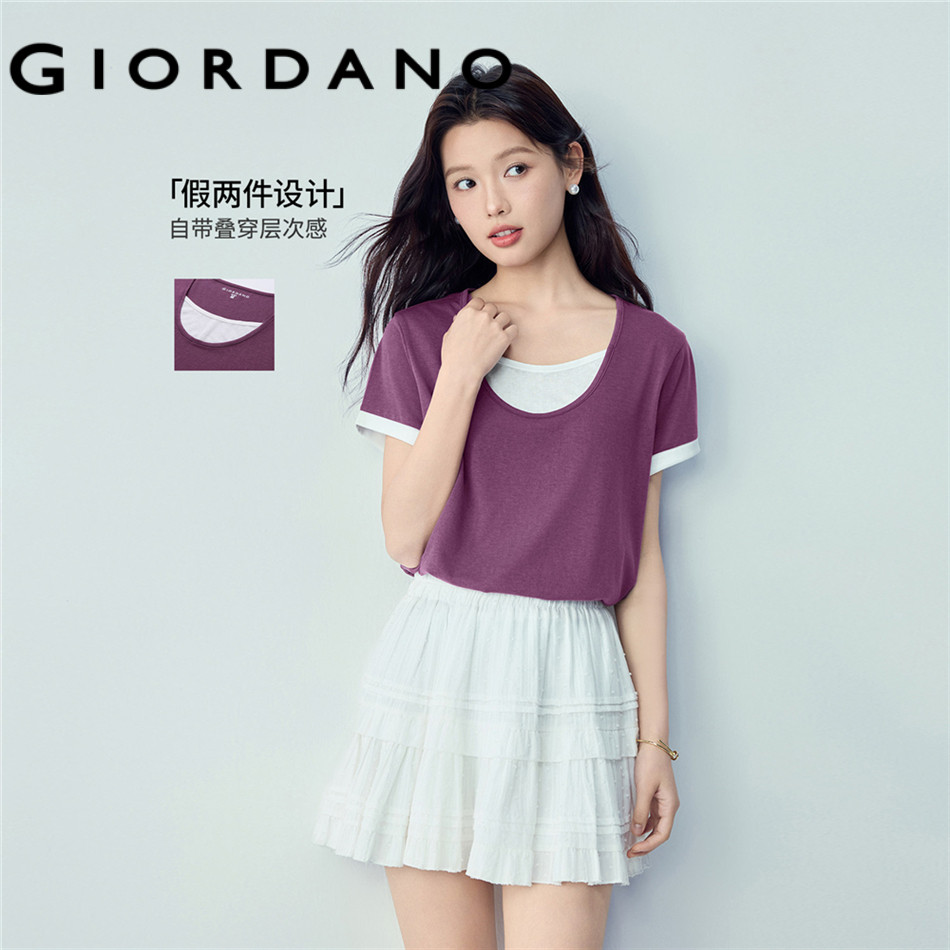GIORDANO WOMEN Fake two-piece contrast short sleeve tee 13326508