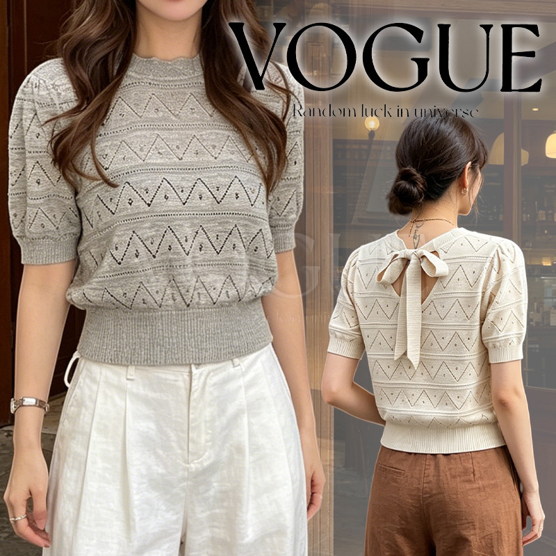 Vogue🌟พร้อมส่ง🌟 เสื้อยืดแขนสั้นถัก โบว์ผูกด้านหลัง ผ้าบางเบา สไตล์สาวเกาหลีทำงานฤดูร้อน (R88)