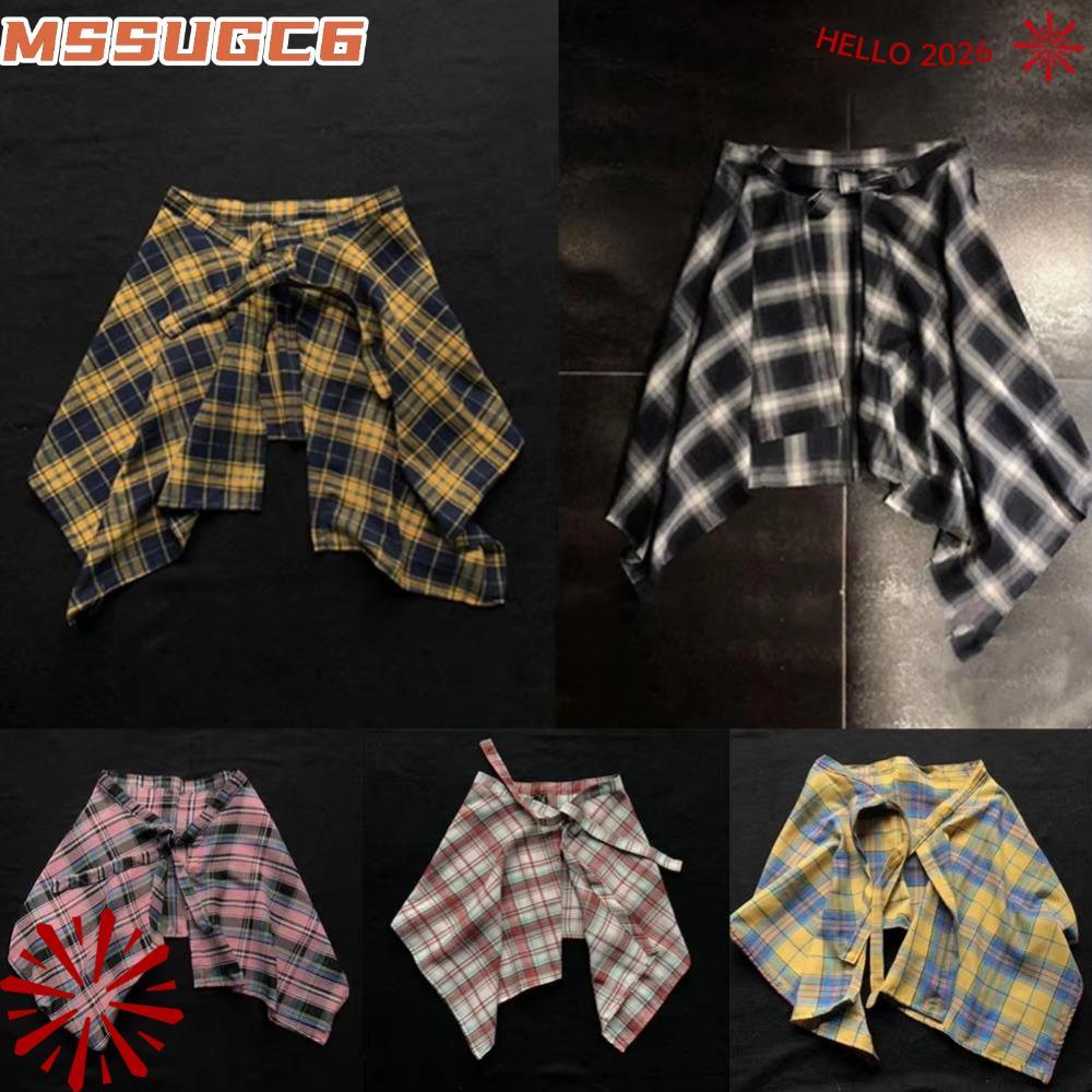 IMSSUG เอวเสื้อ,ไม่สม่ําเสมอสีฟ้าตาข่ายสีขาวผู้หญิงกระโปรงลายสก๊อต,ลําลองโบว์โบว์ยืดหยุ่นมินิA-Lineกระโปรงสั้นสาวStreetwear