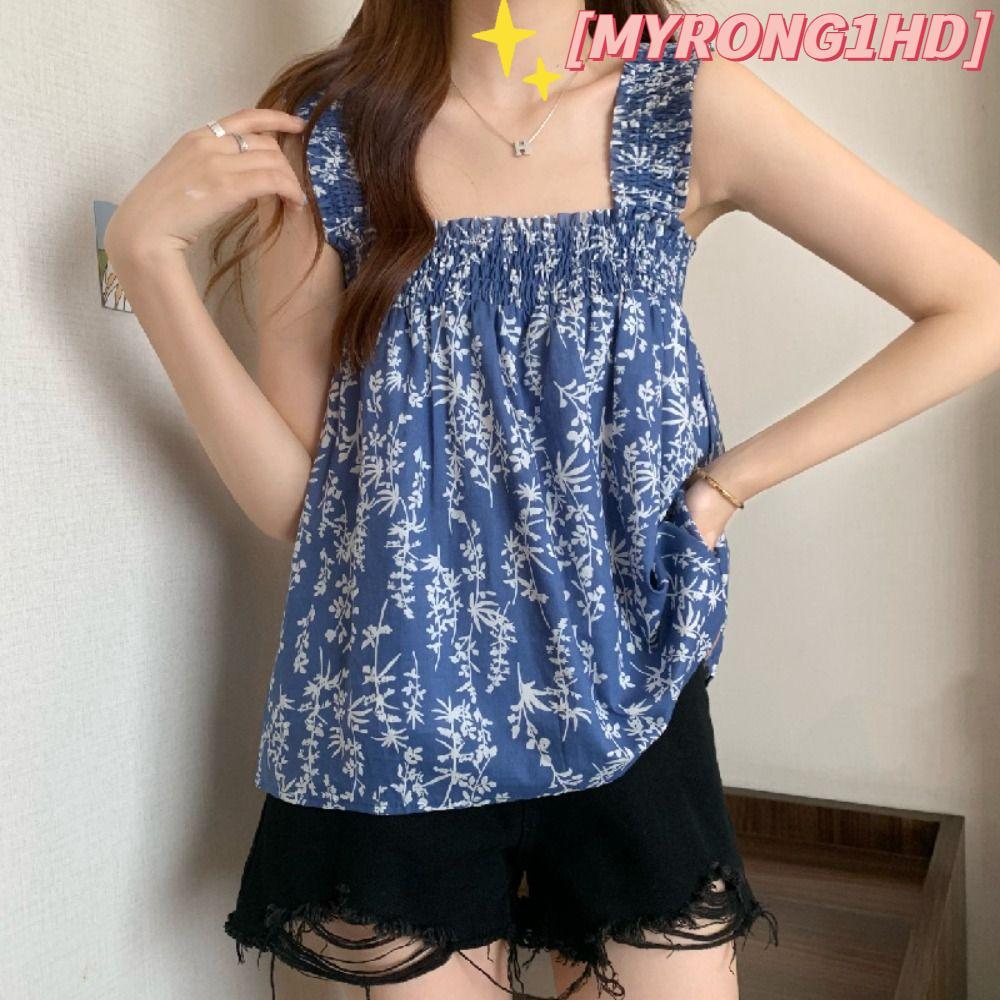 MYRONG1HD เสื้อแขนกุด, เสื้อกล้ามคอเหลี่ยมสาย, เสื้อลายดอกไม้กระชับสัดส่วน Boho หรูหรา