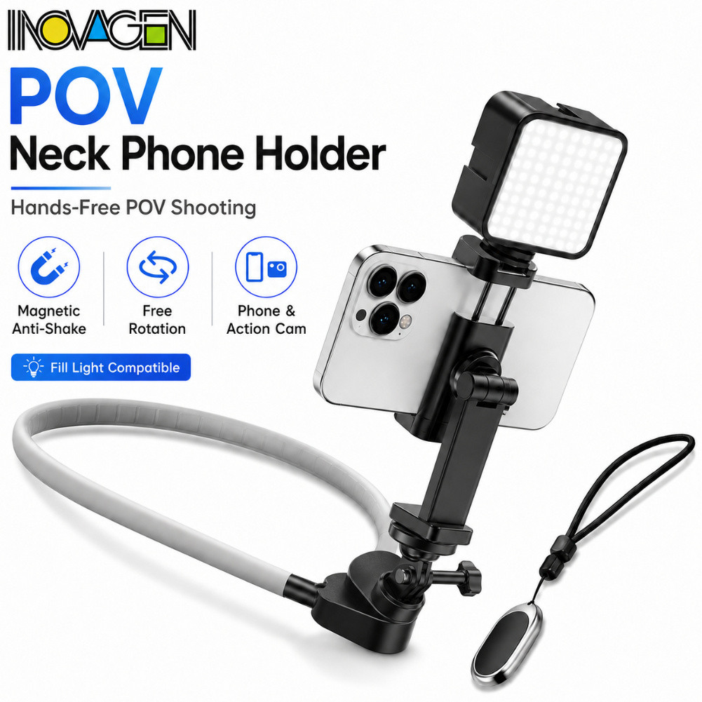 INOVAGEN POV คอผู้ถือโทรศัพท์ Anti-Shake แฮนด์ฟรี Vlog Mount เติมแสงสําหรับสมาร์ทโฟน Hero 13 Action 5 Pro X4 Ace Pro 2 กลางแจ้งฟิตเนสการบันทึกสด