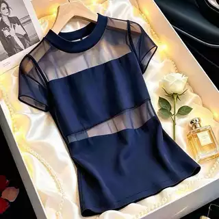 2026 French High-End Gauze เย็บหลวมแขนสั้นเสื้อยืดผู้หญิงเกาหลีรุ่น Commuter All-Match Hollow เซ็กซี่แฟชั่นผู้หญิง