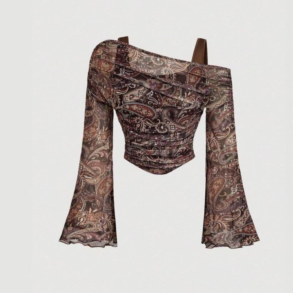เสื้อตาข่ายเปิดไหล่แขนยาวบานดีไซน์เรียบง่ายสบาย ๆ มีให้เลือกหลายสีใส่ได้ทั้งโอกาสการทํางานและการทํางาน