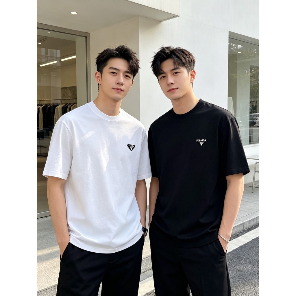 Prada/Prada 2026 คลาสสิกรอบคอแขนสั้นเสื้อยืดผู้ชายผู้หญิงที่มีสีสันผ้าฝ้ายเคาน์เตอร์สไตล์ใหม่สไตล์ S