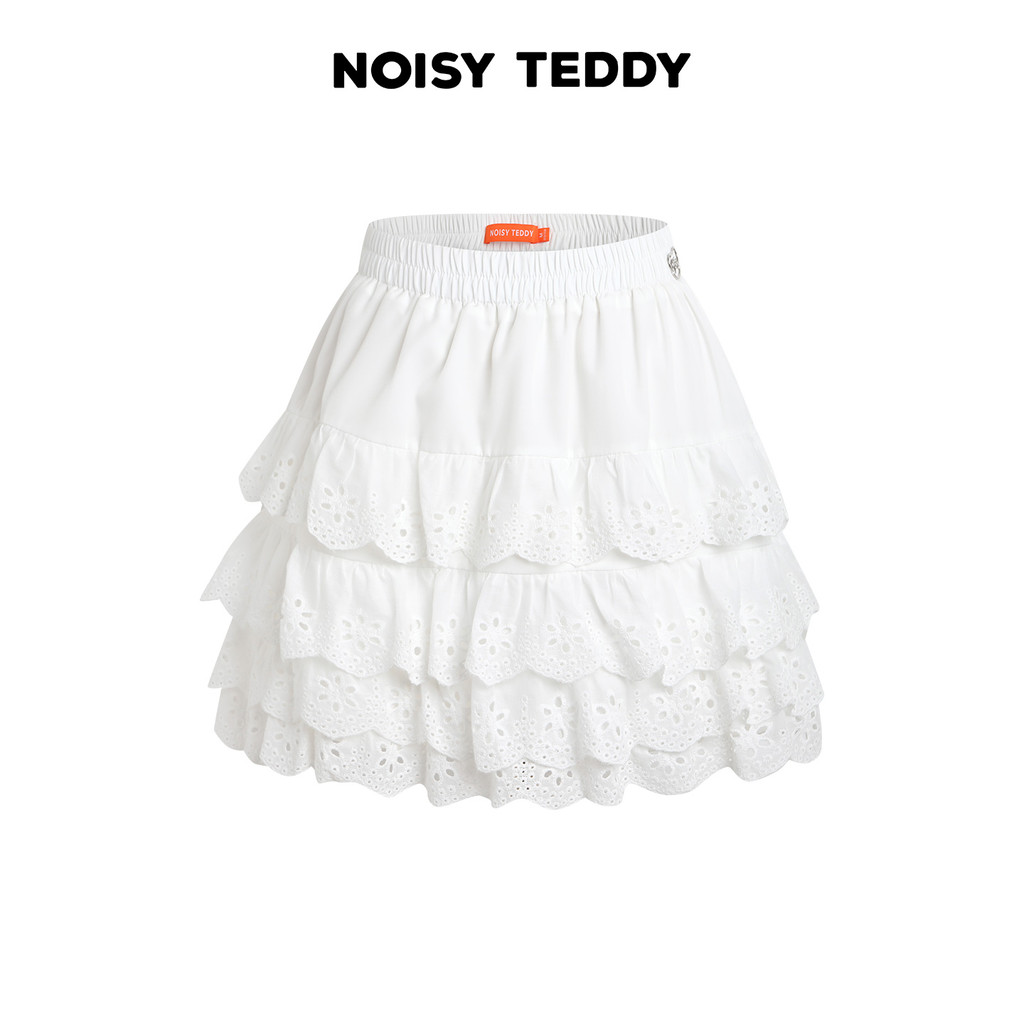 NOISY TEDDY26 ฤดูร้อนสไตล์ใหม่สีทึบ Hollow เย็บปักถักร้อยลูกไม้สุภาพสตรีกระโปรงเค้ก All-Match