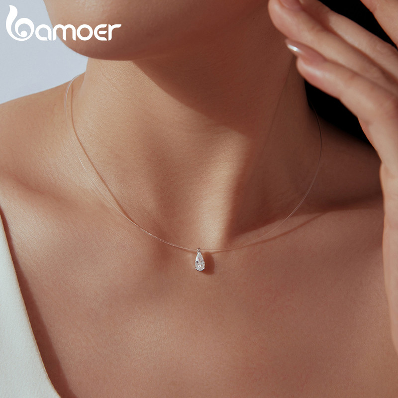 BAMOER บามอส 925เงินสเตอร์ลิงสร้อยคอที่มองไม่เห็นสายการประมงเครื่องประดับของขวัญสําหรับผู้หญิง SCN54