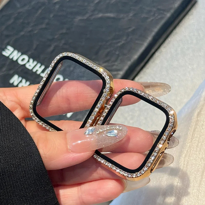 สําหรับ Apple Watch Series10/11 42 46 มม.Bling Diamond Watch Case Cover PC + กระจกนิรภัยป้องกันกรณี
