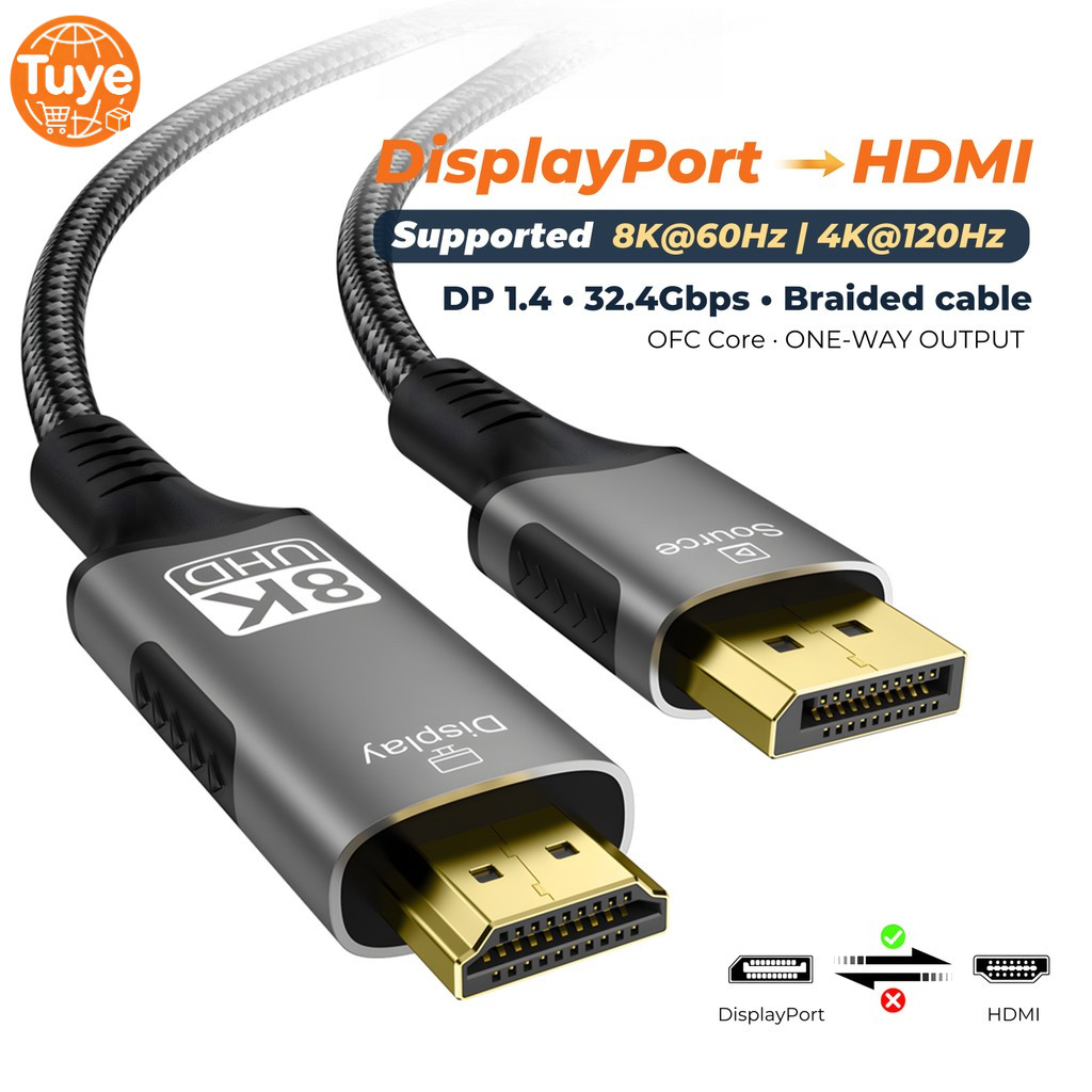 Tuye DisplayPort 1.4 ถึง HDMI 2.1 สาย 8K@60Hz 4K@120Hz DP เป็น HDMI สายแปลงสําหรับ PC TV Monitor