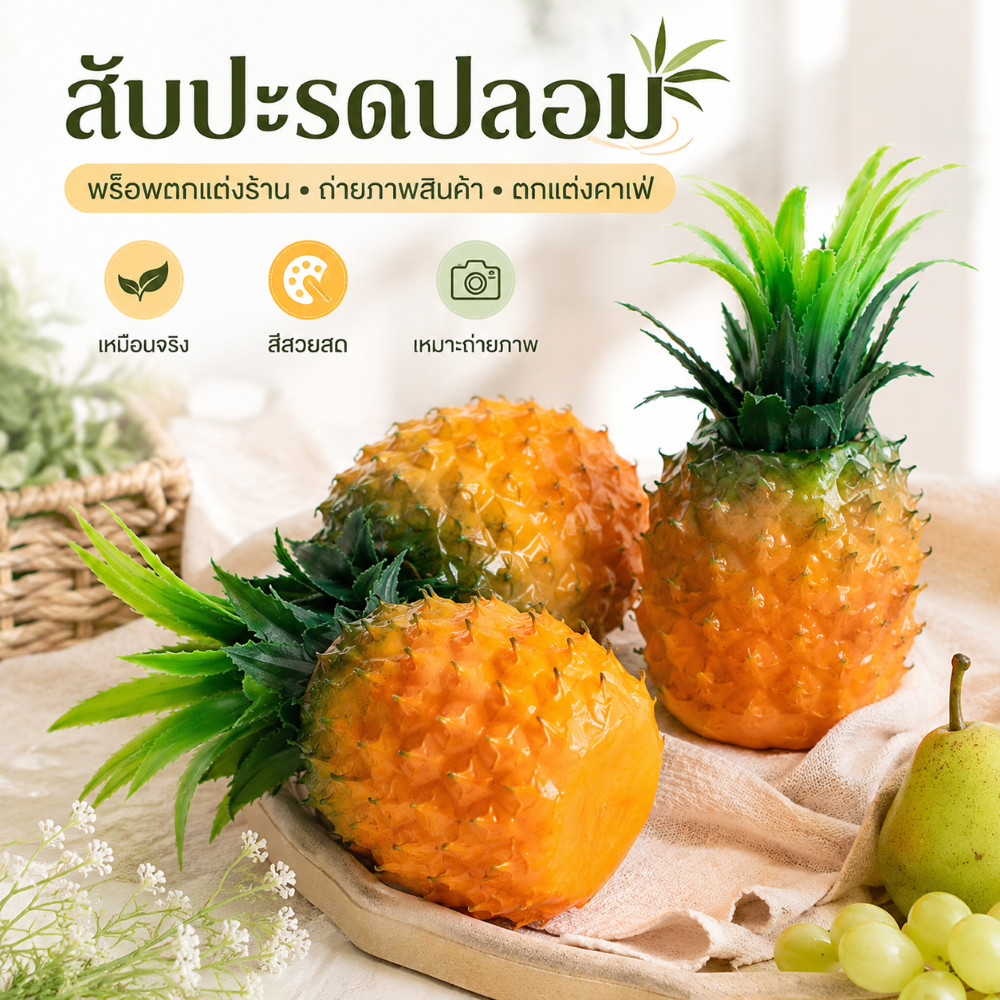 สับปะรดปลอมเหมือนจริง ผลไม้ปลอมสีสวยสด พร็อพถ่ายรูป ตกแต่งคาเฟ่ ร้านน้ำผลไม้ ร้านอาหาร บ้านตัวอย่าง