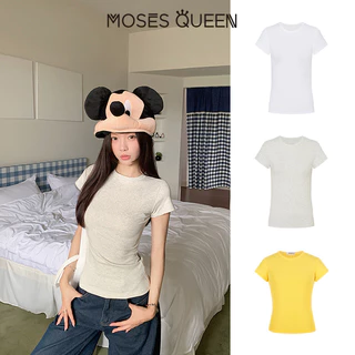 < MOSESQUEEN > เสื้อผ้าสกรีนส์แบบรูปทรงกลม แขนสั้น คอปกติ สีเดียว ช่วยยืดตัวและลดความอ้วน สำหรับผู้หญิง #62126
