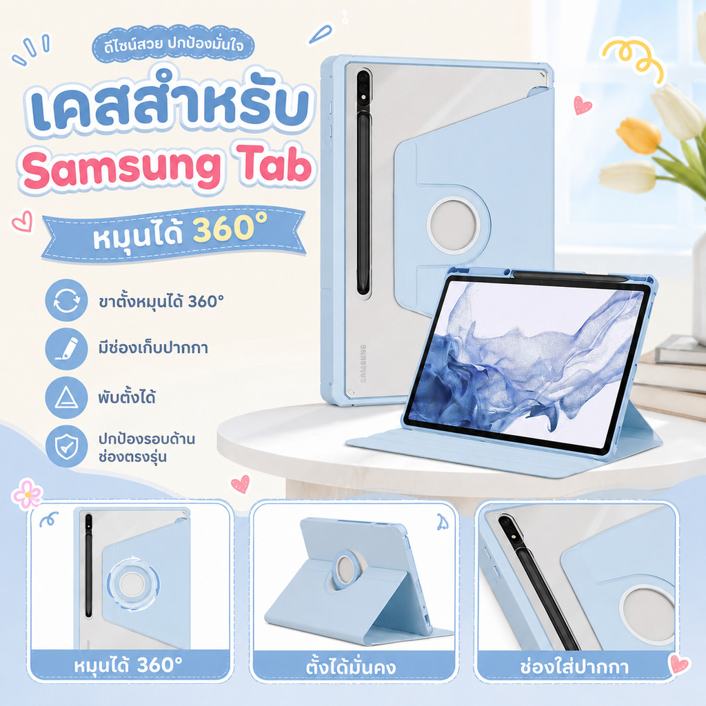 เคสฝาพับ for Samsung Tab A9 A11+ S9 S10 + S10FE S9FE+ S6lite S10 lite หมุนได้360 องศามีช่องใส่ปากกา