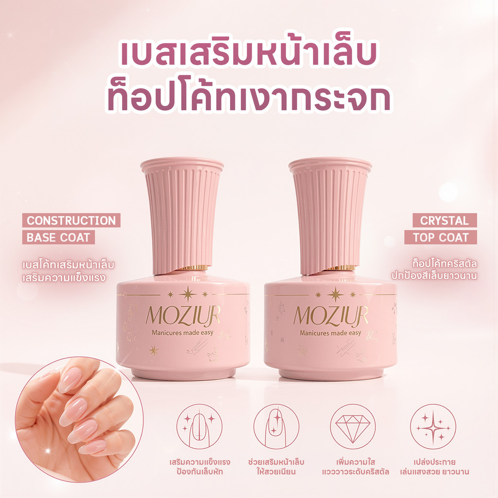 เบสโค้ทเสริมหน้าเล็บ + ท็อปโค้ทเงาฉ่ำ Construction Base Coat & Crystal Top Coat 18ml เจลเคลือบเล็บ ติดทนนาน