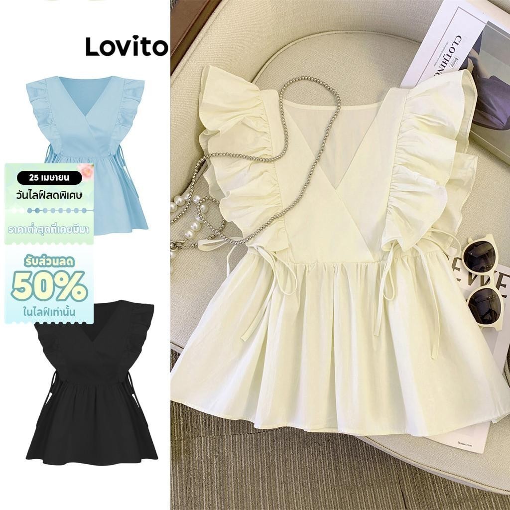 Lovito เสื้อลําลองธรรมดาห่อลูกไม้ขึ้นผักกาดหอมตัดเสื้อสําหรับผู้หญิง L68ED004 (หลากสี)