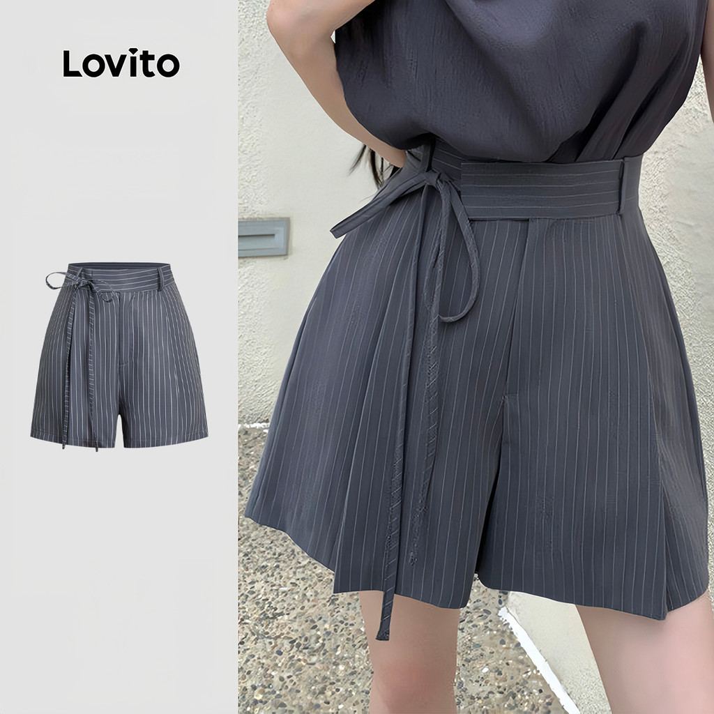 Lovito กางเกงขาสั้นลําลองผู้หญิง สีเทา ลายปุ่ม ฤดูร้อน LK5AD228
