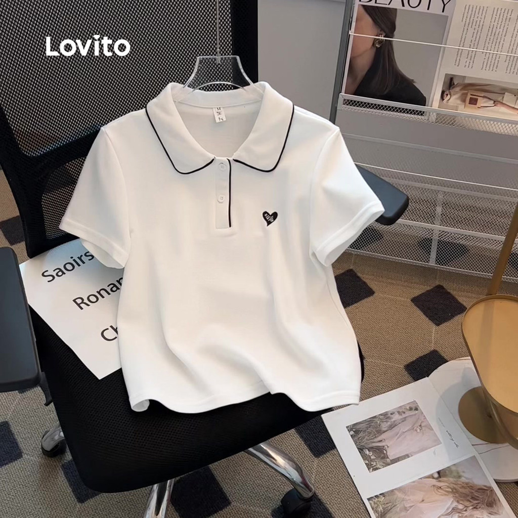 Lovito เสื้อยืดลำลองสีขาวสำหรับผู้หญิง ดีไซน์ตัดกัน สำหรับฤดูใบไม้ผลิ/ฤดูร้อน LNE109D004