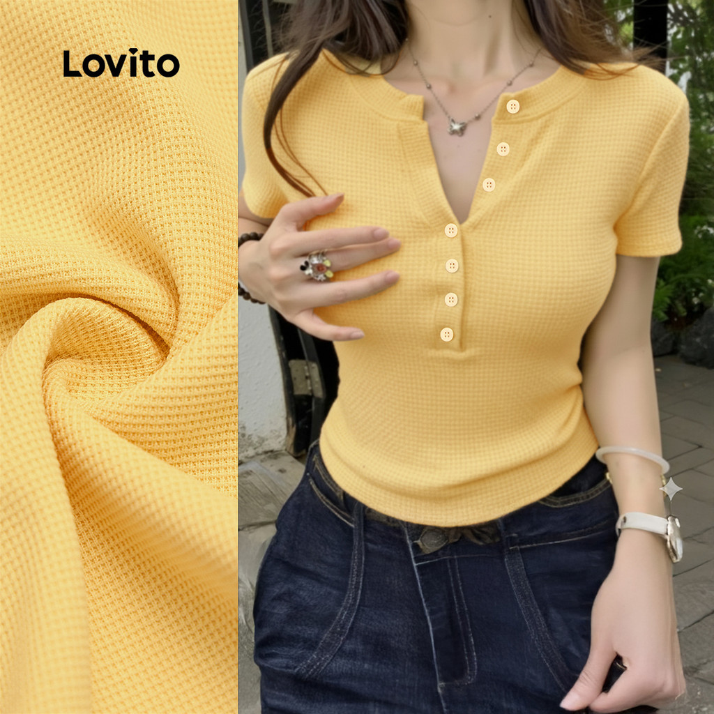 Lovito แคชชวล เสื้อยืดลําลองคลาสสิกและหลากหลาย ติดกระดุมด้านหน้า สีเหลือง สําหรับผู้หญิงฤดูใบไม้ผลิ/ฤดูร้อน L172LD333