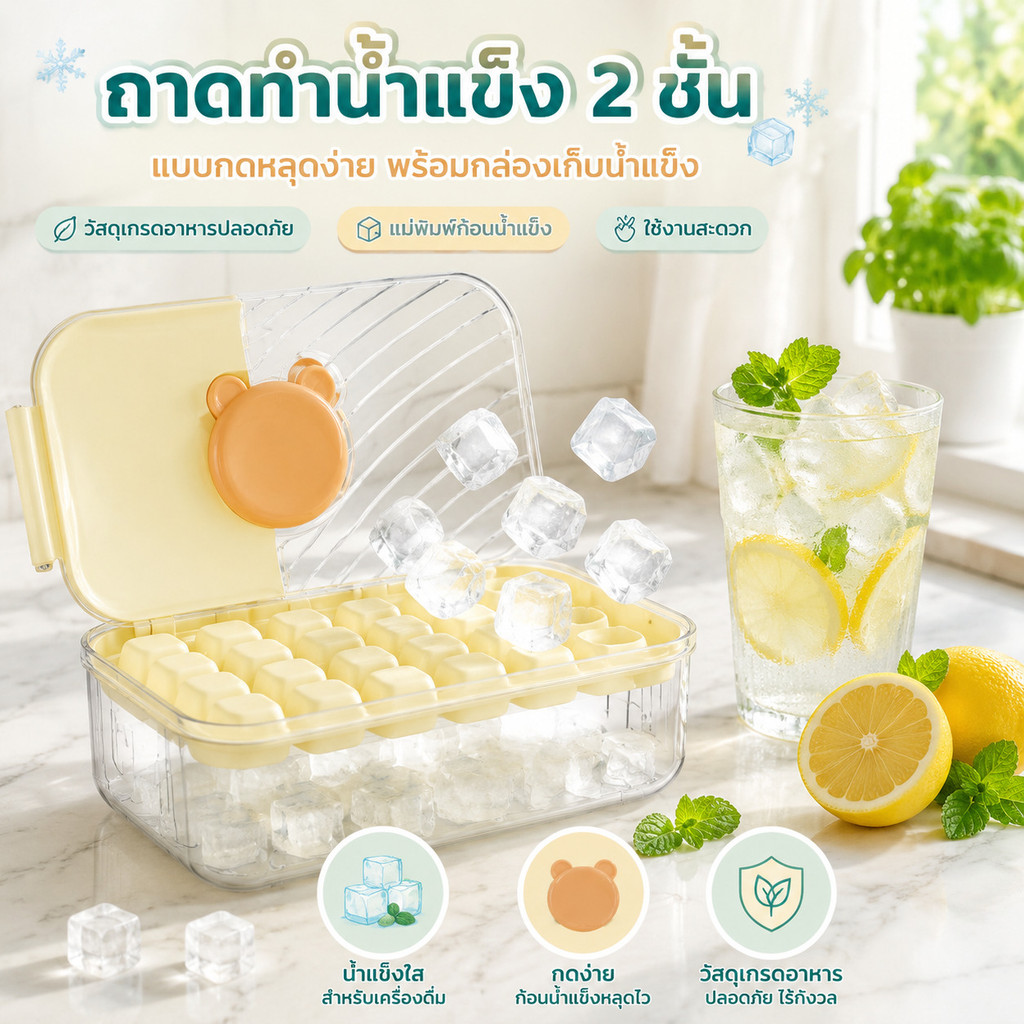 ถาดทำน้ำแข็ง 2 ชั้น ความจุใหญ่ แบบกดหลุดง่าย พร้อมกล่องเก็บน้ำแข็ง แม่พิมพ์ก้อนน้ำแข็ง วัสดุเกรดอาหารปลอดภัย ใช้งานสะดวก