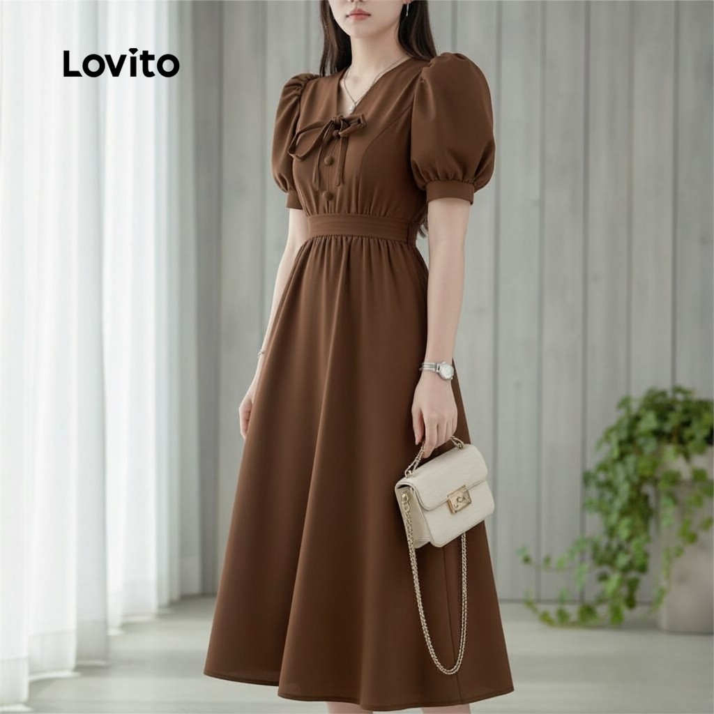 Lovito สง่างาม ชุดเดรสสไตล์วินเทจ ซิปสีน้ําตาล สําหรับผู้หญิง ฤดูใบไม้ผลิ ฤดูร้อน LK2ED160