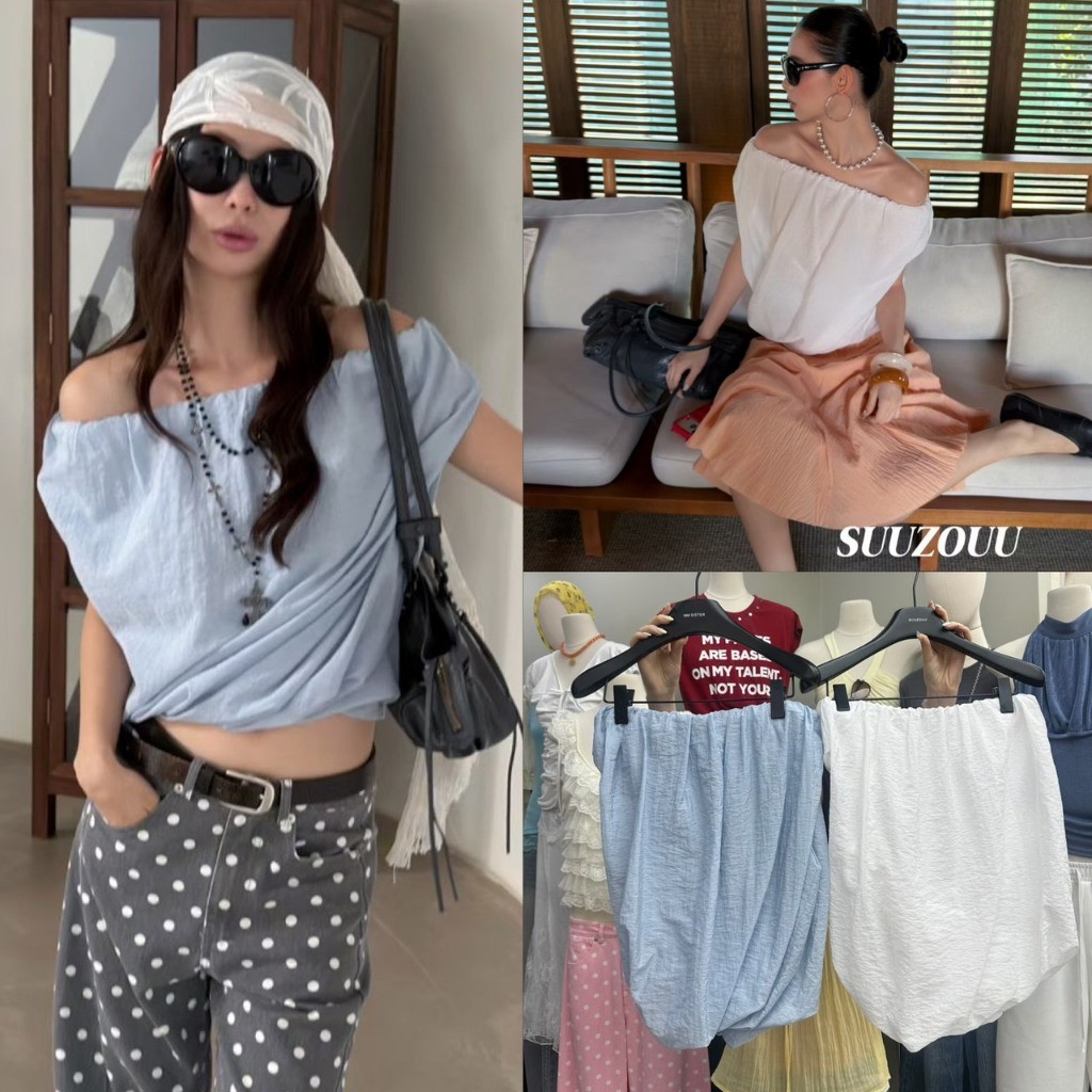 ❤ 🧵 🇰🇷 SU317 เสื้อปาดไหล่ แต่งสมอค ช่วงช่ายเสื้อแต่งทรงบอลลูน งานน่ารักมากๆ แฟชั่นเกาหลี TAG MM Fish 🧡