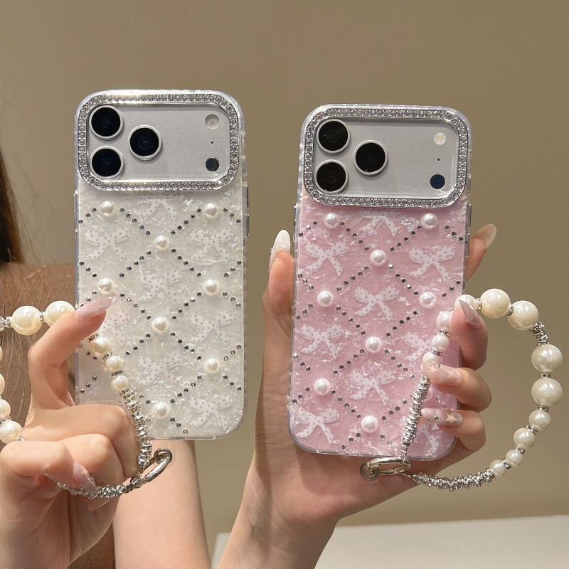 3D ไข่มุกสีขาว IMD รูปแบบโบว์พิมพ์เคสโทรศัพท์มุกสร้อยข้อมือสําหรับ iPhone 11 12 13 14 15 16 17 Pro Max Plus กันกระแทก