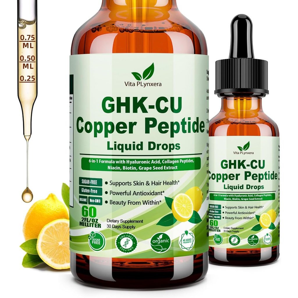 Vita PLynxera GHK - CU Peptide อาหารเสริม หยดชนิดน้ำ, พรีเมียม 6-in-1 GHK CU ทองแดง Peptides พร้อม M