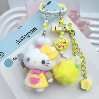 การ์ตูน Flocking Chef Hello Kitty Dopamine จี้โซ่โทรศัพท์มือถือ DIY พวงกุญแจห้อยกระเป๋า