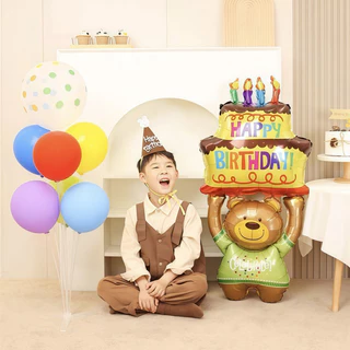 ลูกโป่งฟอยล์หมีถือเค้ก 4D ลูกโป่งวันเกิดลายหมี สำหรับตกแต่งปาร์ตี้ งานวันเกิด และถ่ายภาพ สีสันน่ารัก เหมาะสำหรับเด็ก