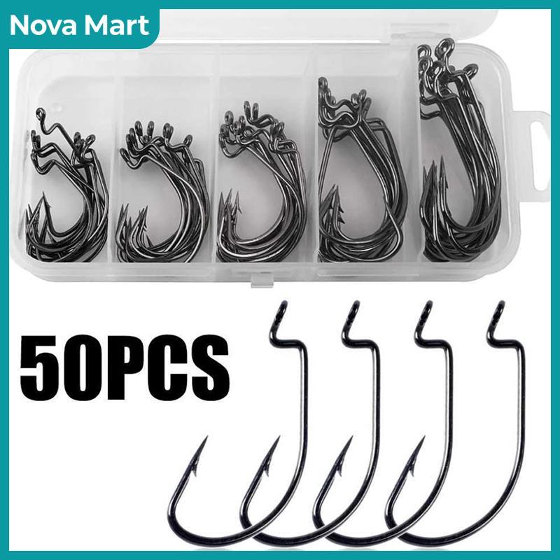 NOVA Mart ชุดกล่องห้าช่องขนาดเล็ก51ตะขอข้อเหวี่ยงเบ็ดตกปลานิกเกิลสีดำอุปกรณ์ตกปลาเหยื่อและตะขอมีสินค้าในสต็อก