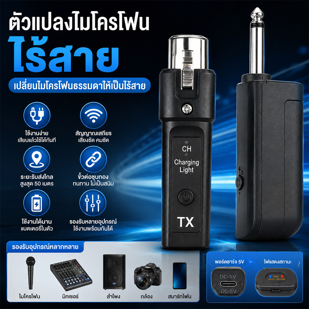 ตัวรับส่งสัญญาณไมค์ไร้สาย 2.4G XLR แปลงไมค์มีสายเป็นไร้สาย สำหรับไมค์ กีตาร์ และเครื่องดนตรี
