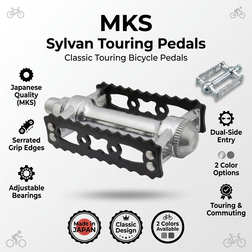 MKS Sylvan Touring Bicycle Pedals Aluminum Double Sided Silver Black 9/16 Touring Bike