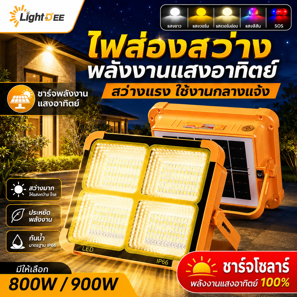 ฟโซล่าเซลล์ 800W 900W ไฟแคมป์ปิ้ง โซล่าเซลล์USB ไฟฉุกเฉินในบ้านกันน้ำ สว่างมาก ไฟฉุกเฉิน ปอตไลท์พกพา