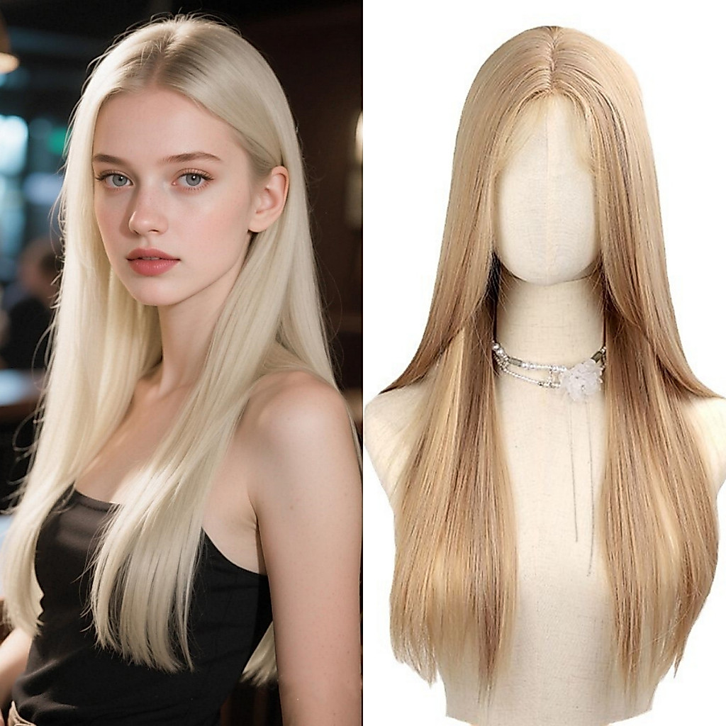 65ซม วิกก์สีบลอนด์ยาวตรงไม่มี Bangs สังเคราะห์วิกก์ธรรมชาติ Cosplay วิกก์สำหรับผู้หญิงฮัลโลวีนปาร์ตี้สวมใส่ วิกผมสไตล์เกาหลี ผมยาวตรงธรรมชาติสำหรับคอสเพลย์