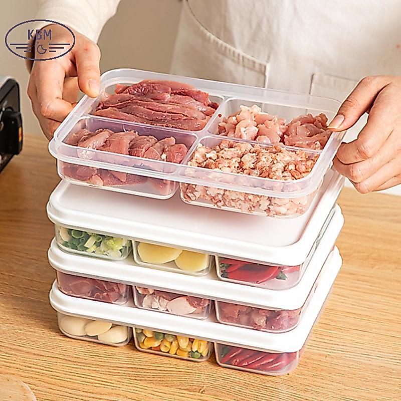 KBM กล่องเก็บของในตู้เย็น Paed Meal Crisper อาหารปิดผนึกเกรดอาหารเนื้อแช่แข็ง 2/4/6 ช่องกล่องเก็บตู้เย็นพร้อมฝาปิด FSSG