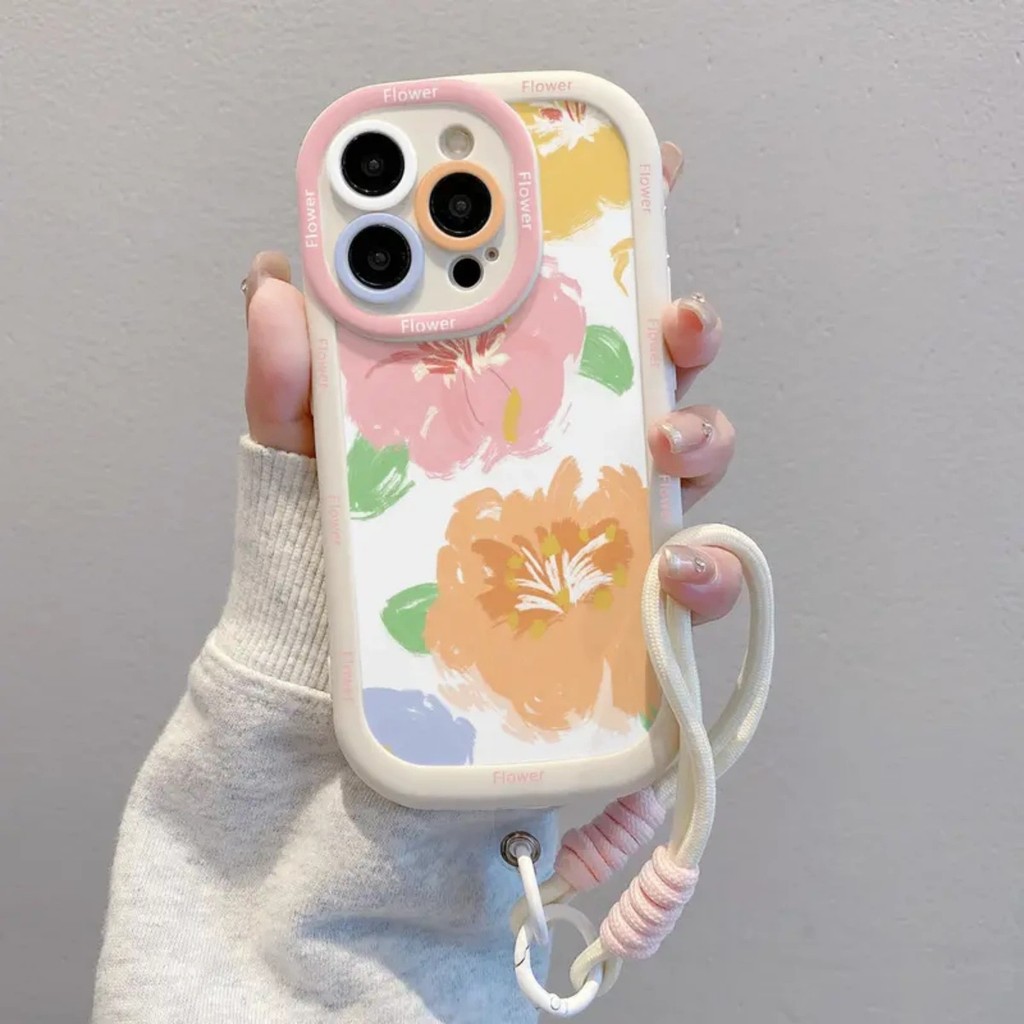เคสโทรศัพท์แบบมีเชือกคล้องสำหรับ IPhone 15 11 13 12 14 16 17 Air Pro Max XR Max 7 8 ดอกไม้สี แรงดึงด