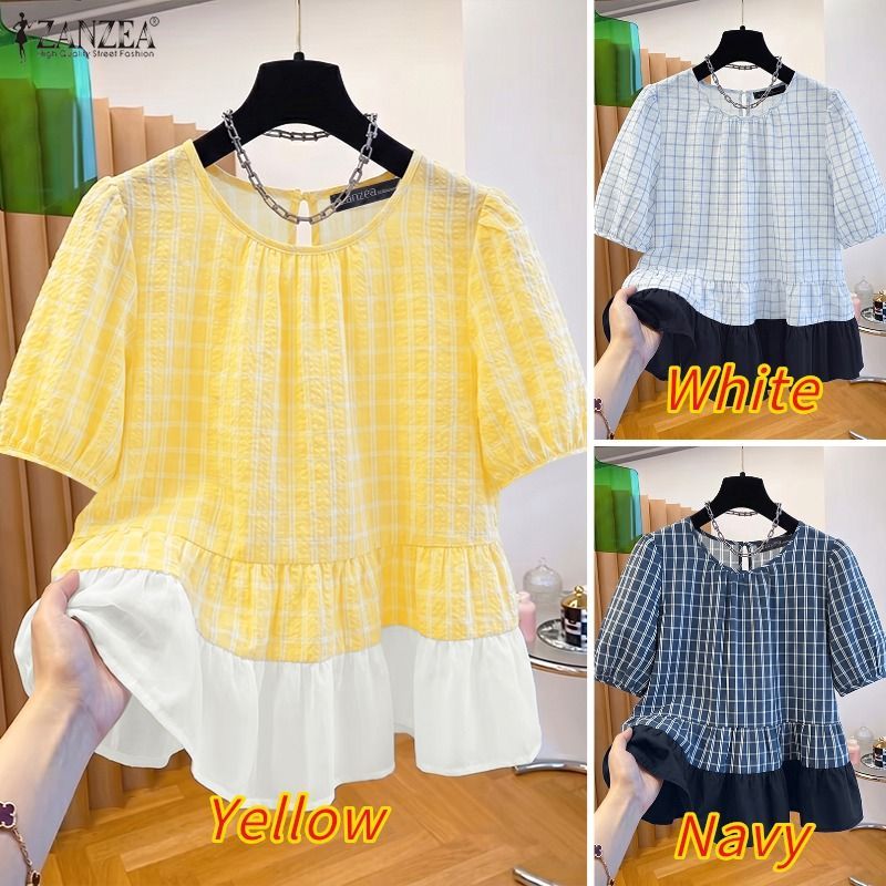 ZANZEA ผู้หญิงเกาหลีฝรั่งเศสย้อนยุครอบคอพัฟแขนลายสก๊อต Patchwork สีบล็อก Ruffles Hem เสื้อเบลาส์ — صورة 3