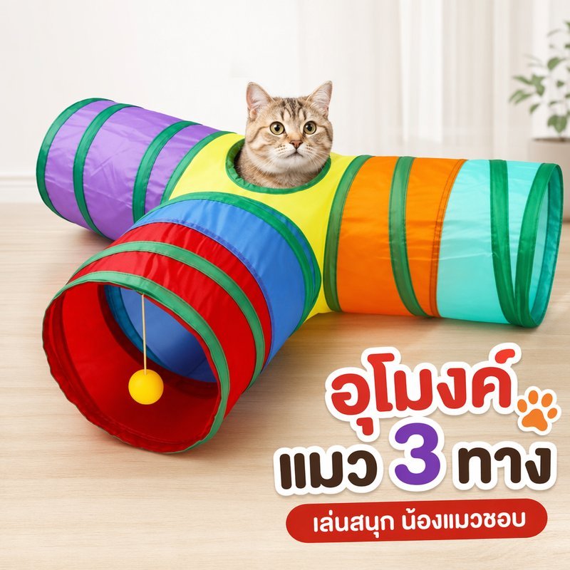 อุโมงค์แมว ของเล่นแมว อุโมงค์แมวพับได้ ทาง3แยก มีลูกบอลล่อแมว ซ่อนเล่น ออกกำลังกาย แมว