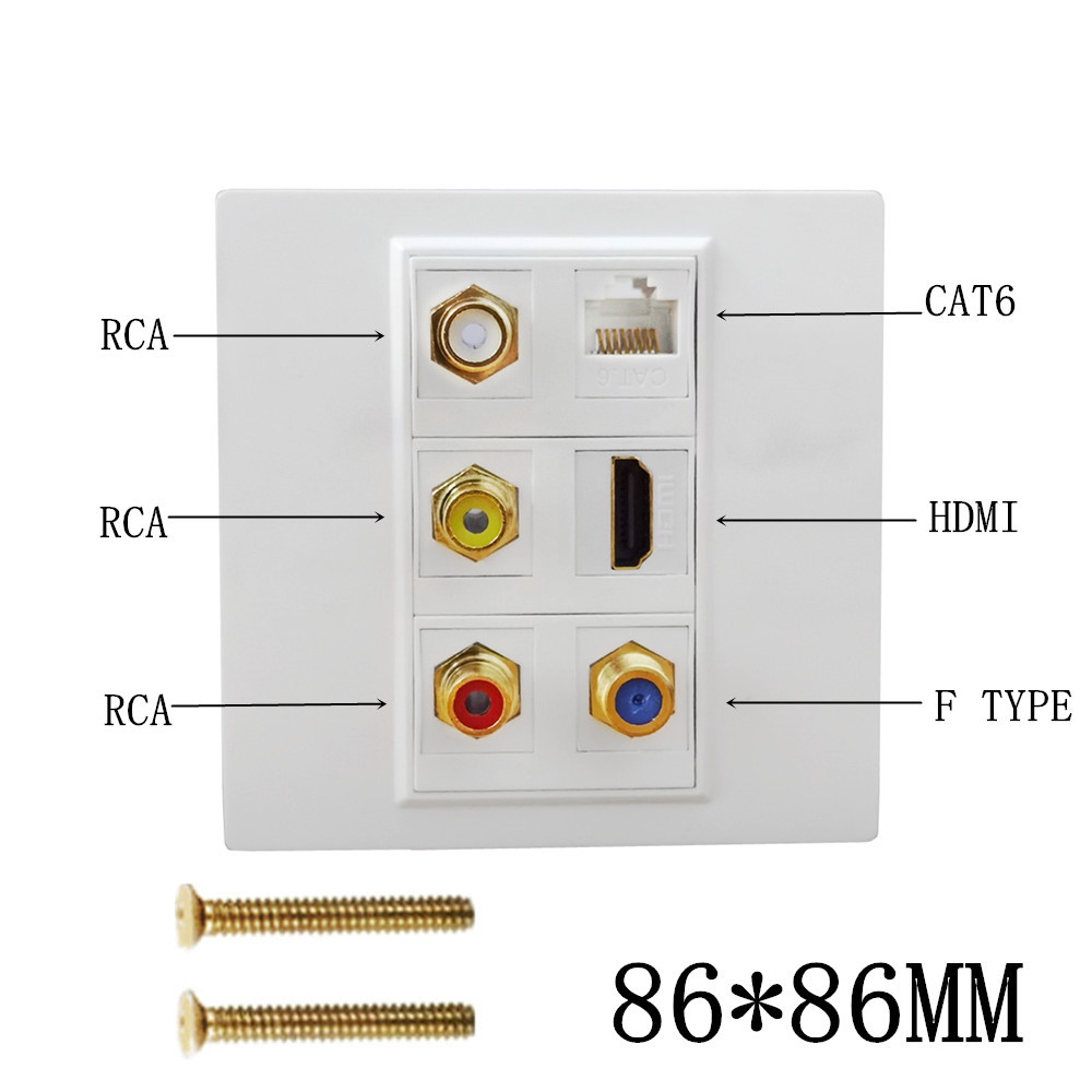 แผ่นผนังมัลติมีเดีย 4K @ 60Hz พร้อม HDMI + VGA + 3RCA + RJ45 Cat6 , 6 พอร์ต Flush Mount Audio & Vide