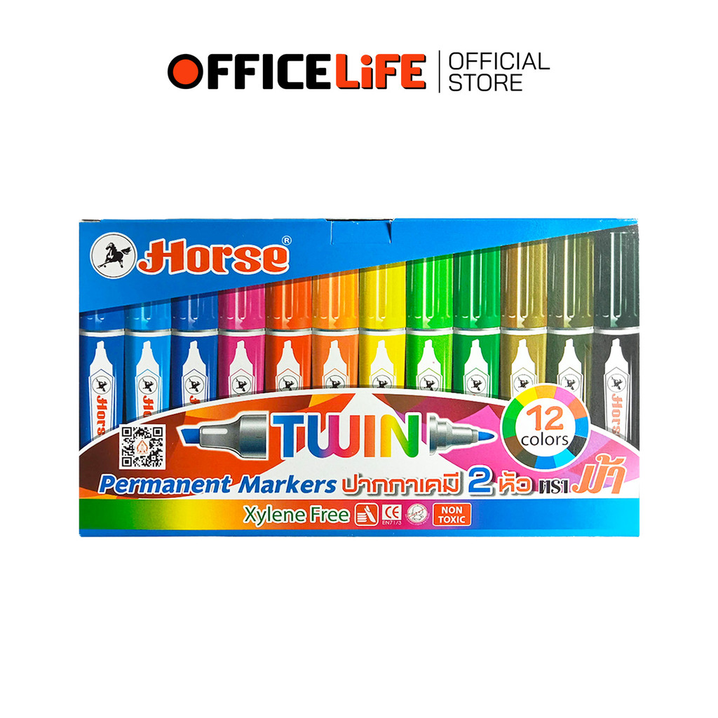 Horse(ตราม้า) ชุดปากกาเคมี 2 หัว TWIN-PEN (12 สี /กล่อง)