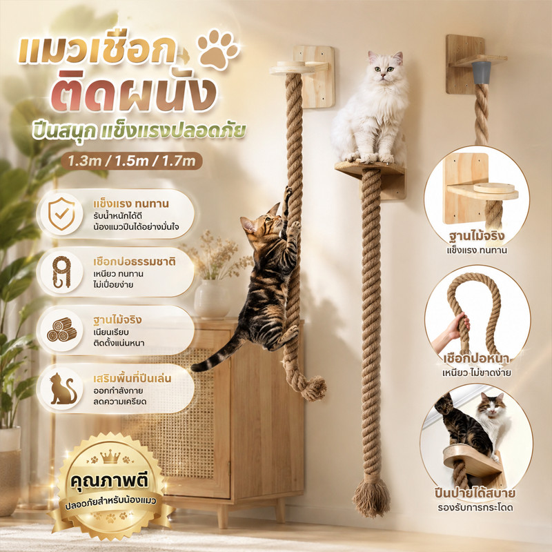 ของเล่นแมวติดผนัง เชือกปีนแมว แมวเชือกข่วนติดผนัง เสาบดย่น วัสดุซิซาล คลายความเบื่อและลับเล็บ