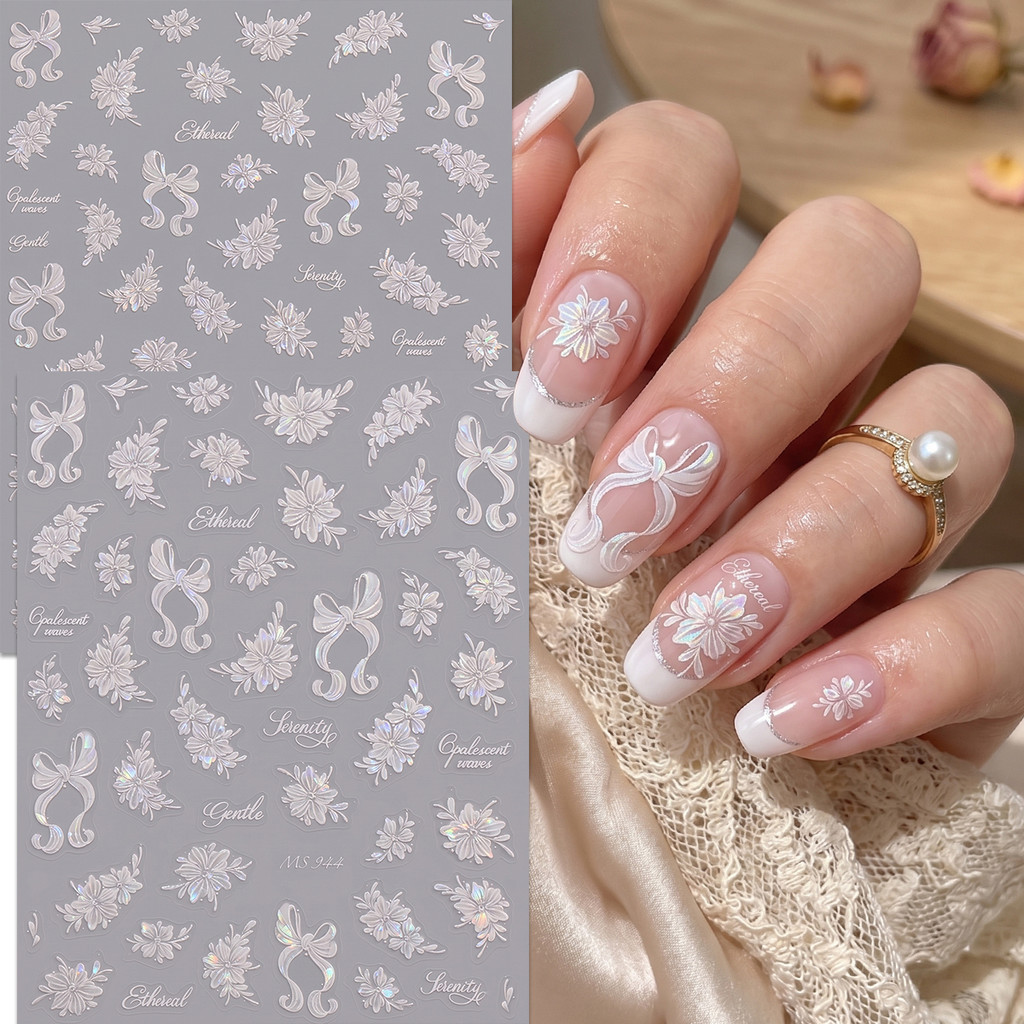 HAMA 3D นูนโบว์เล็บสติกเกอร์ Coquette น่ารักสตรอเบอร์รี่ริบบิ้นเล็บ Decals ฝรั่งเศส Elegant ดอกไม้ Charms เกาหลี DIY เล็บ Accs