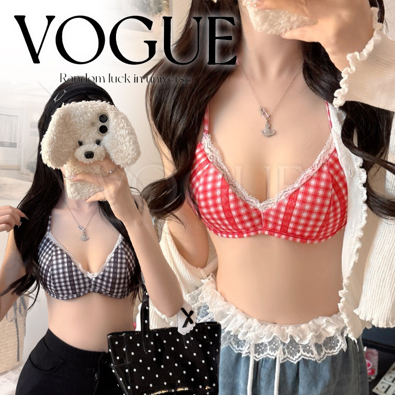 Vogue🌟พร้อมส่ง🌟 บราคล้องคอแบบผูก ลายสก็อตขอบลูกไม้ เสริมฟองน้ำ สีสันสดใสต้อนรับซัมเมอร์ (FY5115)