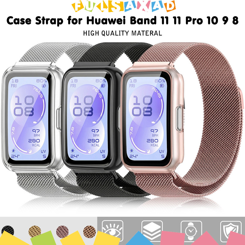 กรณีนาฬิกา + สายรัดโลหะลูป Milanese for Huawei Band 11 / 11 Pro /10 9 8 ป้องกันหน้าจอฝากกันชนแม่เหล็กสแตนเลสสายพาน
