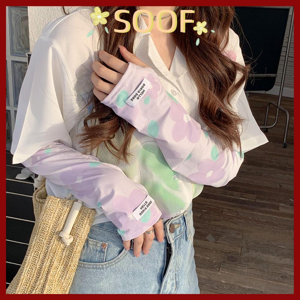 in stock ถุงมือยาวSOOF, แขนพิมพ์ลายผ้าไหมน้ําแข็งบางเฉียบ, ปลอกแขนกันแดดยืดหยุ่นป้องกันรังสีอัลตราไวโอเลตระบายอากาศ