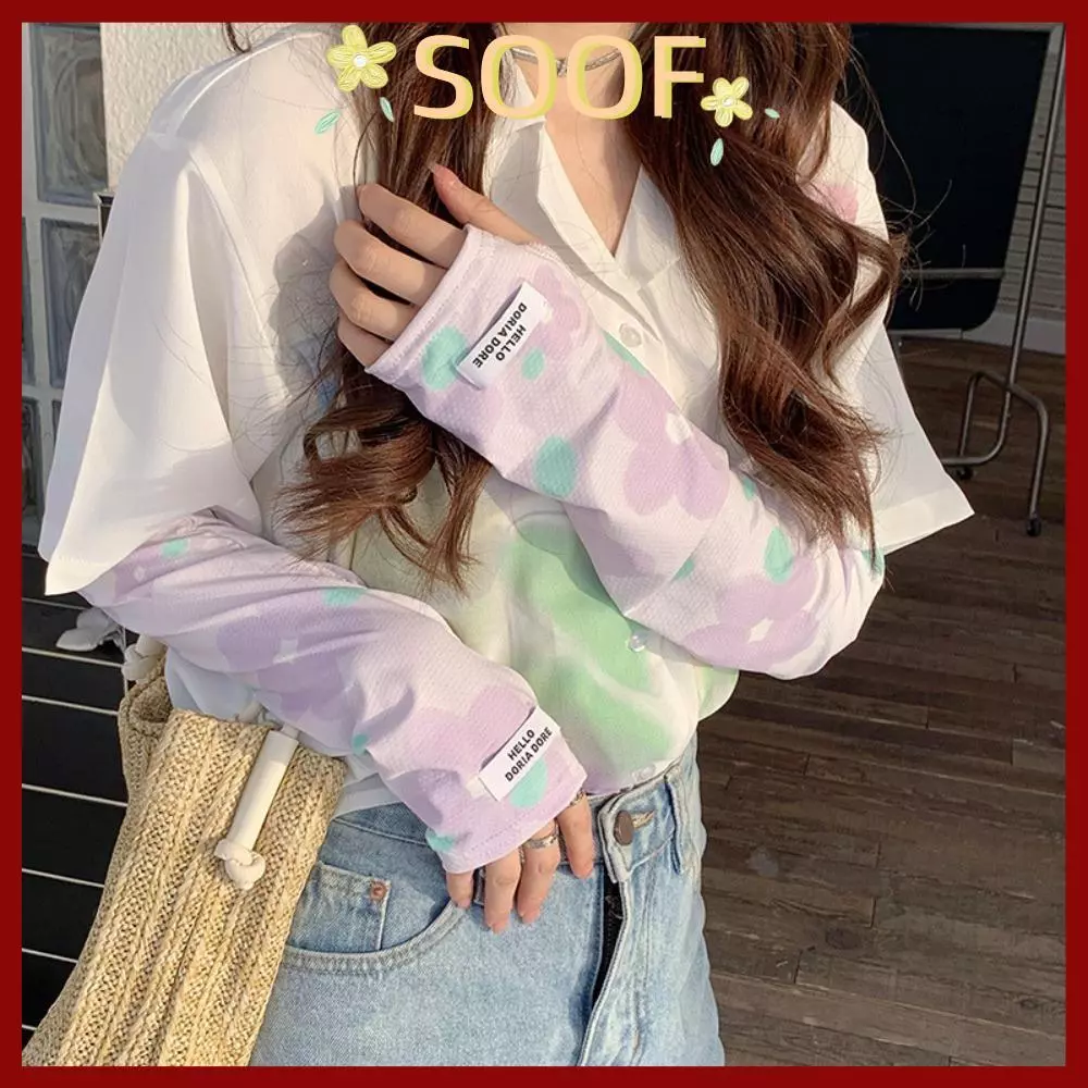 in stock ถุงมือยาวSOOF, แขนพิมพ์ลายผ้าไหมน้ําแข็งบางเฉียบ, ปลอกแขนกันแดดยืดหยุ่นป้องกันรังสีอัลตราไวโอเลตระบายอากาศ
