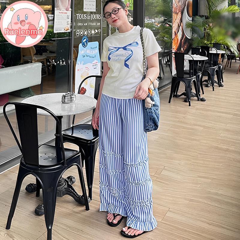 Uelenme ชุดผู้หญิงฤดูร้อน Bowknot เสื้อยืดแขนสั้นและลายกางเกงขากว้าง Casual Street 2PCS ชุด TH