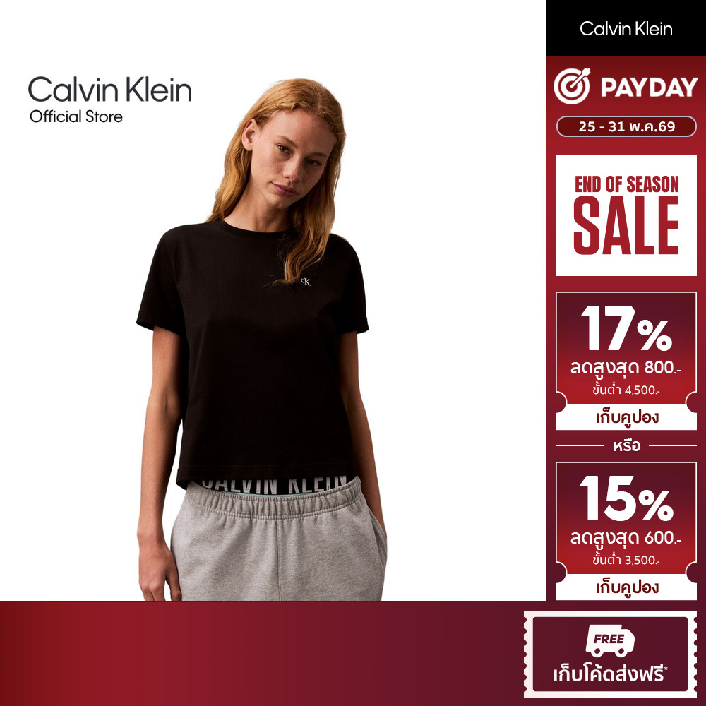 CALVIN KLEIN เสื้อยืดคอกลมแขนสั้นผู้หญิง Essentials CK Logo ทรง Regular รุ่น 47A219G UB1 - สีดำ