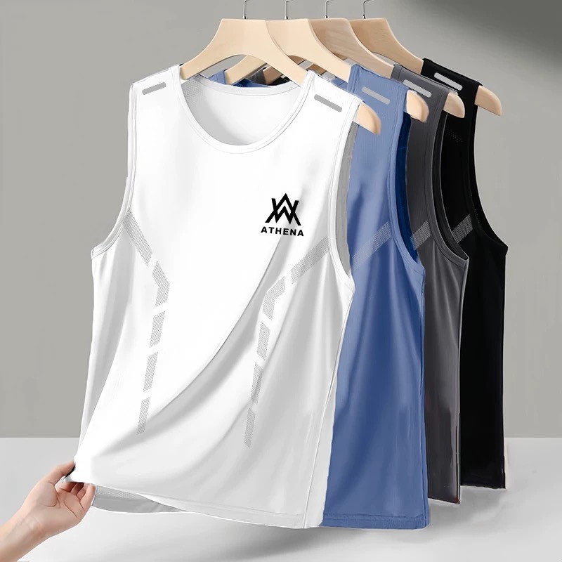 ระบายอากาศผู้ชาย เสื้อแขนกุดออกกําลังกาย–แห้งเร็วตาข่ายฟิตเนสถังที่มีไหล่กว้างสําหรับยิมและกีฬา