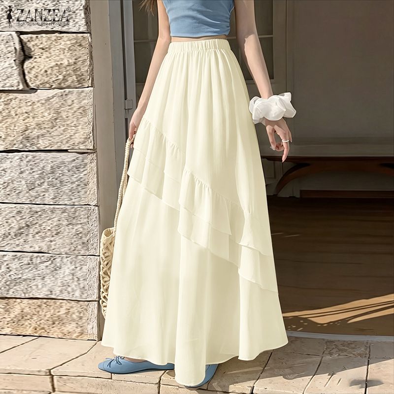ZANZEA ผู้หญิงเกาหลี Elegant Ladylike เอวยางยืด Ruffles Splicing หลวม Maxi A-Line Oversirt — صورة 5